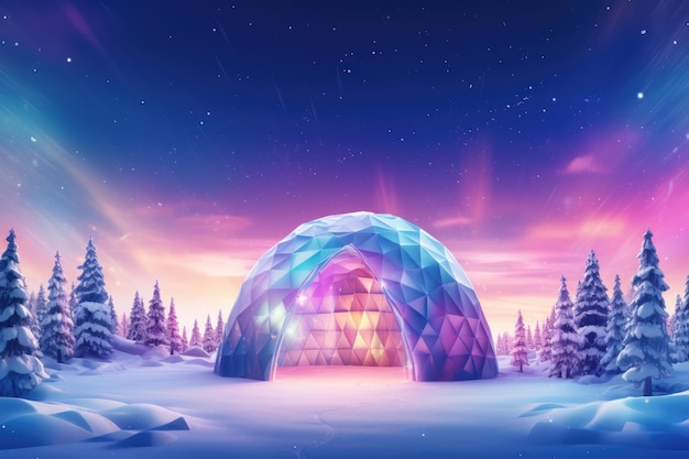 Igloo ice hotel on a snowy plain with aurora borealis during magic winter night generative ai