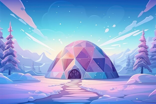 Igloo ice hotel on a snowy plain with sunset during magic winter night generative ai