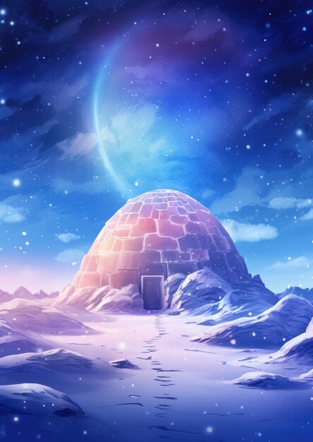 Igloo ice hotel on a snowy plain with sunset during magic winter night generative ai