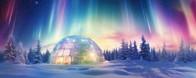 Igloo ice hotel with aurora borealis during magic winter panorama generative ai