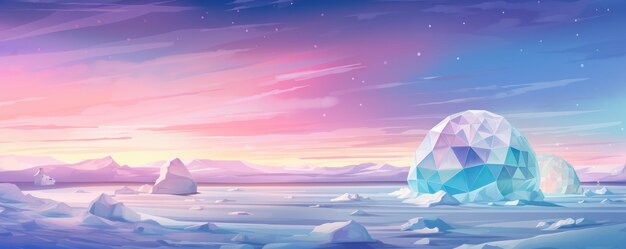 Igloo ice hotel with sunset during magic winter night panorama generative ai