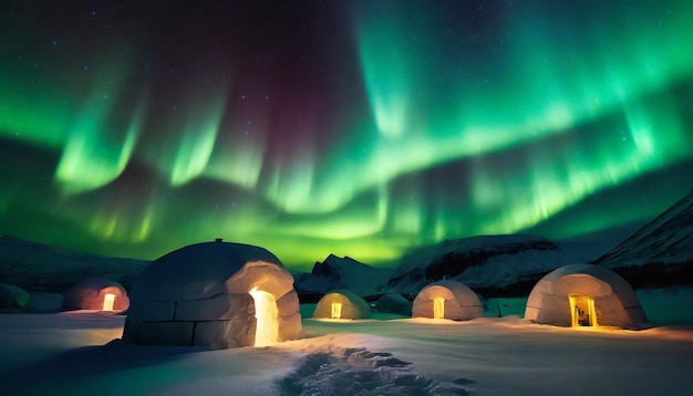 An igloo village glowing with Auroras colors