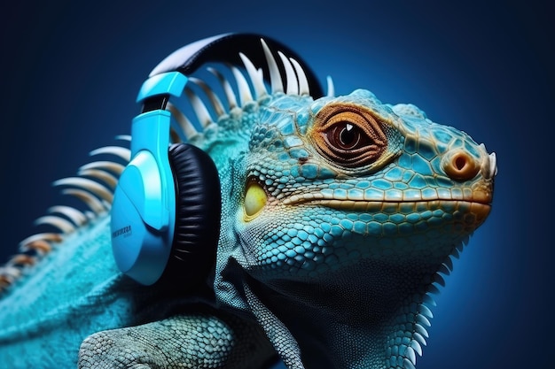 Iguana met koptelefoon die naar muziek luistert grappige zomerfoto Generatieve AI