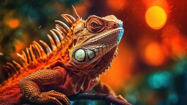 Foto iguana op de boom mooie iguana met oranje ogen hoog contrast