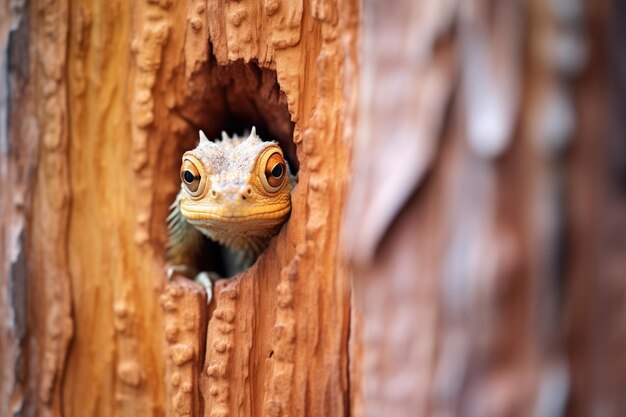 Photo iguana peeking from behind a mahogany trunk