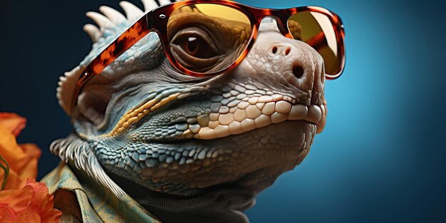 Iguana wearing sunglasses azure background