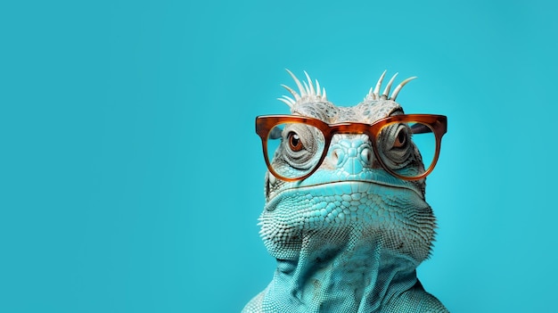 Iguana with glasses on a turquoise background closeup