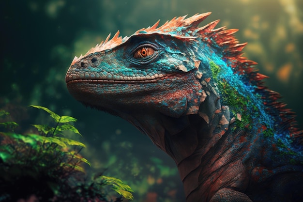 Iguanacolossus Colorful Dangerous Dinosaur in Lush Prehistoric Nature by Generative AI