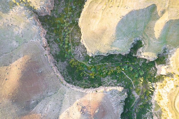 Ihlara valley canyon view from air during sunrise