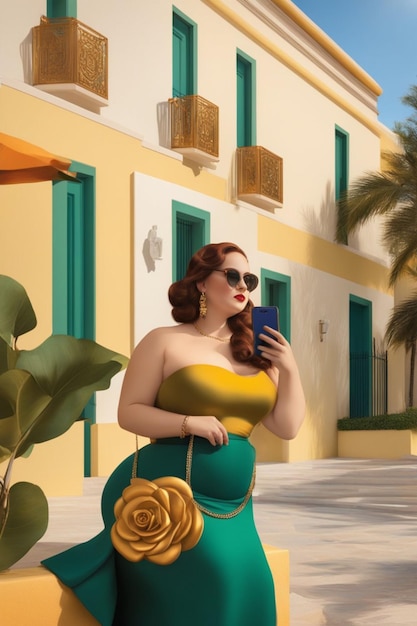 Плакат с изображением сладострастной женщины-модели, использующей смартфон на открытом воздухе во дворе карибской виллы, генеративное искусство искусственного интеллекта