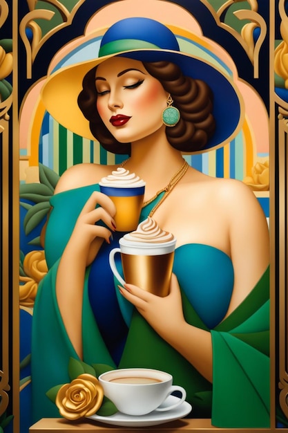 iilustration of voluptous female model having latte macchiato relax outdoors poolside in villa