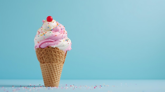 IJs in een wafelkegel met kleurrijke besprenkelingen op blauwe achtergrond