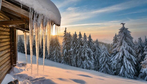 IJs op het dak in de koude winter Sneeuwbos bij zonsopgang