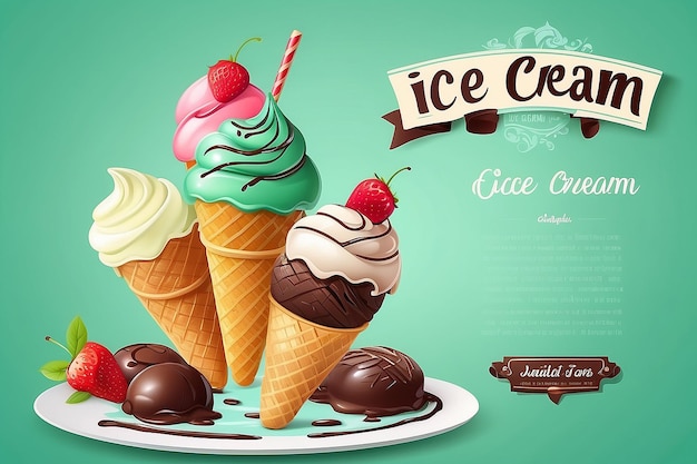 Foto ijs posterontwerp met heerlijk dessert en gemarkeerd lint op frisse groene achtergrond