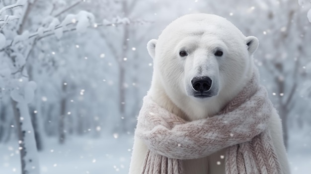 Ijsbeer draagt een sjaal in de koude winter