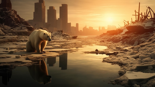 IJsbeer en smeltend ijs Concept van de opwarming van de aarde
