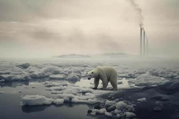 Foto ijsbeer komt tevoorschijn en vertegenwoordigt de impact van de opwarming van de aarde