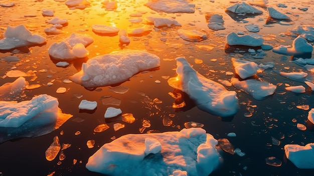 IJsbergen drijvend in het concept van de opwarming van de aarde op zee