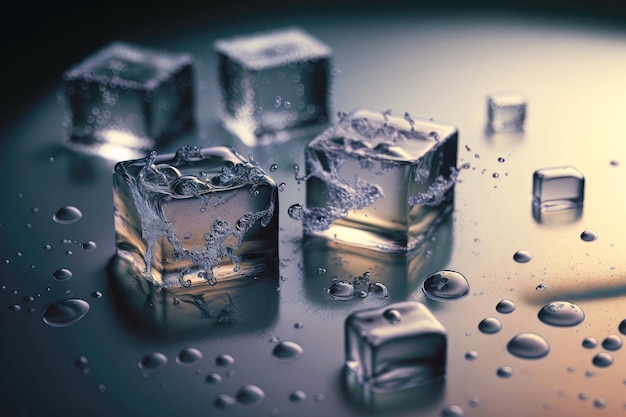 Foto ijsblokjes met waterdruppels op het oppervlak verspreid over tafel