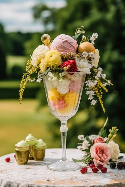 IJsdesserts buffettafel evenement eten catering voor bruiloftsfeest en vakantieviering ijsjes en bloemen decor in een bloementuin op het platteland, nabewerkte generatieve ai