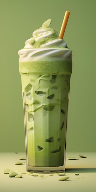 IJsgroene matcha-thee gemengd met ijsblokjes en melk in hoog glas minimalistisch concept close-up Koude matcha latte op lichtgroene achtergrond Groene mocktail met ijsblokjes en melk Generatieve AI