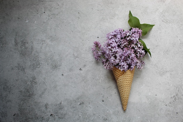 Ijshoorntje met kleurrijke bloemen op grijze achtergrond Flat lag Minimal zomer concept