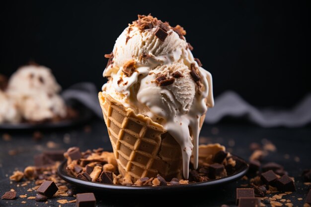 Ijsje met chocoladerepen en vanille-ijsje op donkere achtergrond