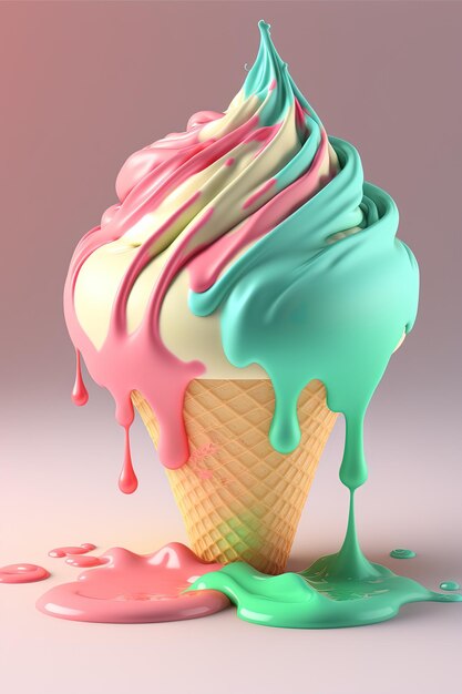 IJskegel met vloeiende veelkleurige druppels op pastel achtergrond 3D rendering AI gegenereerd