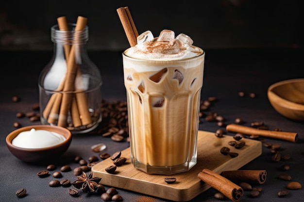IJskoffie latte met werveling van kaneel en snufje nootmuskaat gemaakt met generatieve ai