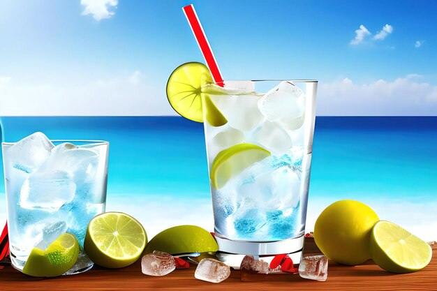 IJskoude cocktails drinken van glas met strand en zee