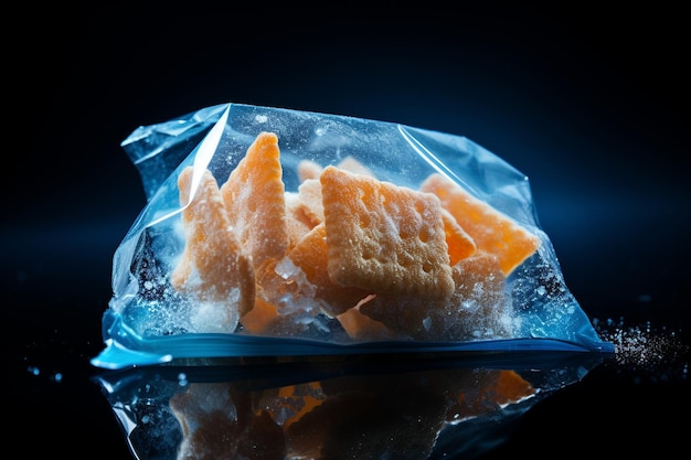 IJskristallen op een zak bevroren voedsel