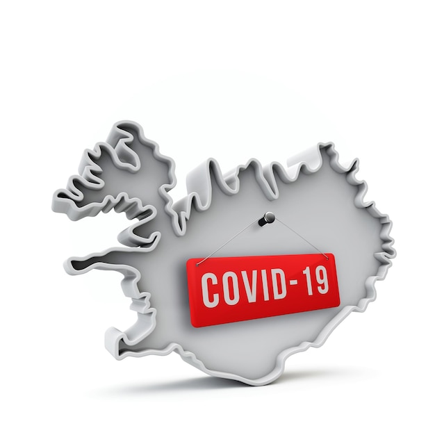 IJsland eenvoudige d-kaart met covid rood label d-rendering