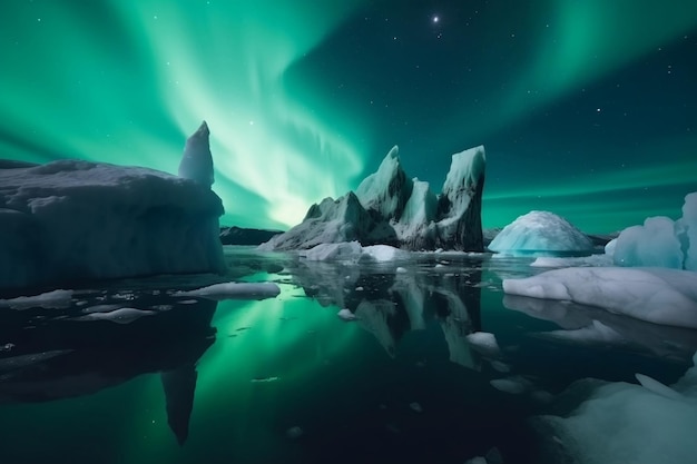 IJsland met ijsbergen en groene aurora borealis aan de hemel generatieve ai