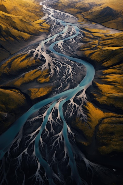 IJsland rivier hierboven van drone IJsland landschap Generatieve ai