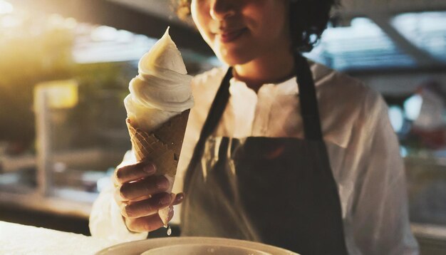 Foto ijsman serveert ijs in een kegel