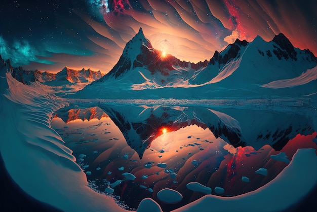 IJsmeer in een kleurrijke fantasienacht bedekt met sneeuw