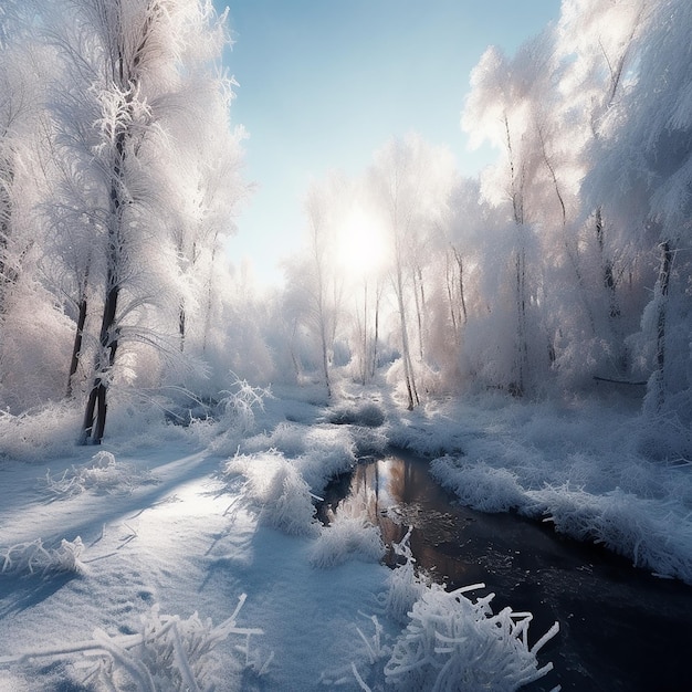 IJsnatuurfoto een 3D-landschap met ijzige bomen en een bos met de zon die schijnt op ai gegenereerd