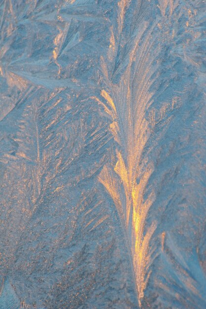 IJspatronen en avondzonlicht op winterglas