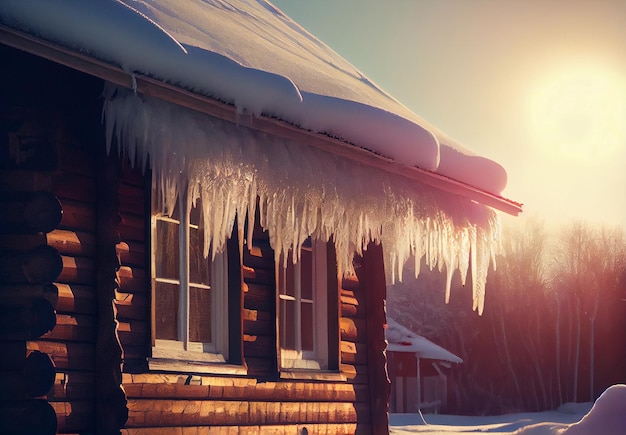 Ijspegels op het dak van een woonhuis in de winter