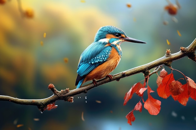 IJsvogel Alcedo atthis zat op een tak in de herfst IJsvogel Alcedo atthis zat op een tak AI Gegenereerd