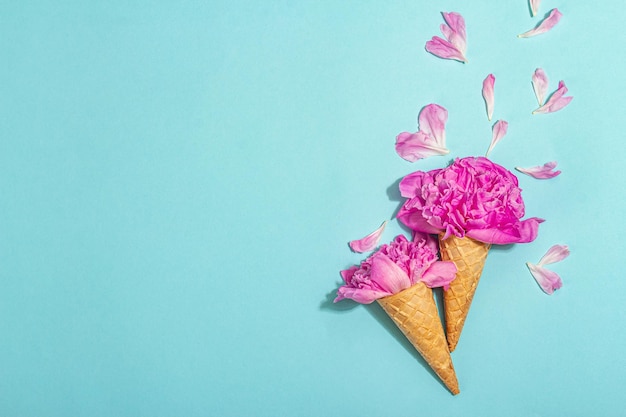 IJswafelkegels met pioenroos op blauwe achtergrond Bloemblaadjes zomerconcept Romantische stijl