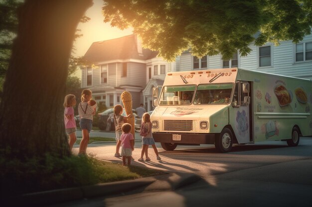 IJswagen geparkeerd in een buurtstraat met zomerse kinderen in de rij