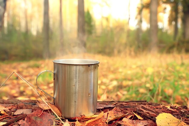 ijzeren mok met hete thee op een kampeertrip actieve levensstijl herfst geel park