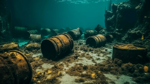 IJzeren vaten met chemisch afval op zee Verontreiniging van de zeebodem en het milieu Generatieve Ai