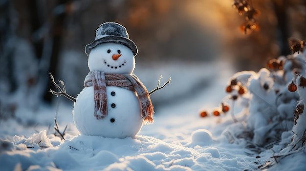 Ijzig landschap met sneeuwpop en Bokeh Kerstmis