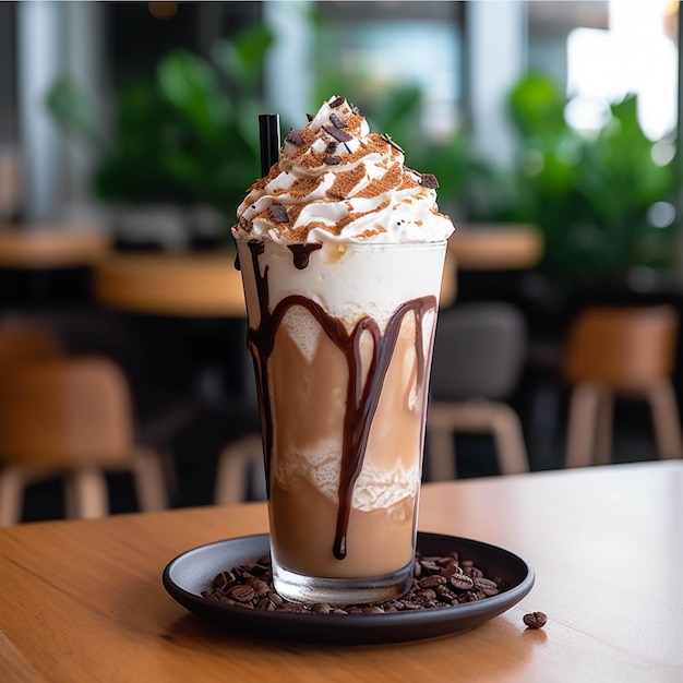 Foto ijzige chocolademilkshake met slagroom bovenop in een café