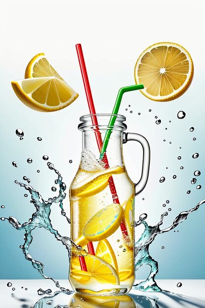 Foto ijzige citroensapdrank in glazen beker reclame waterdruppel splash speciaal effect ontwerpbehang