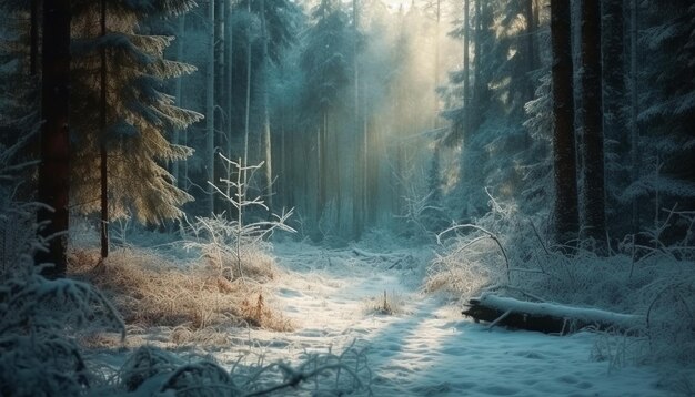 Ijzige takken in mist wintermysterie schoonheid gegenereerd door AI