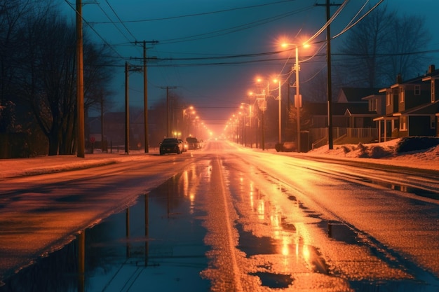 Ijzige weg die straatverlichting reflecteert tijdens nachtelijke rijden gecreëerd met generatieve AI