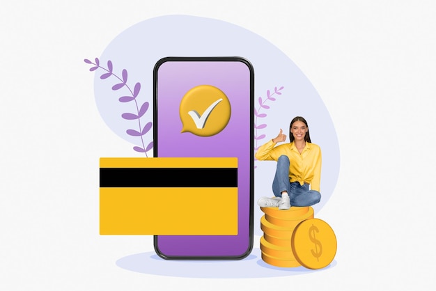 Ik raad telebankieren aan, een gelukkige vrouw die in de buurt van een gigantische mobiele telefoon zit en een creditcard met duim omhoog